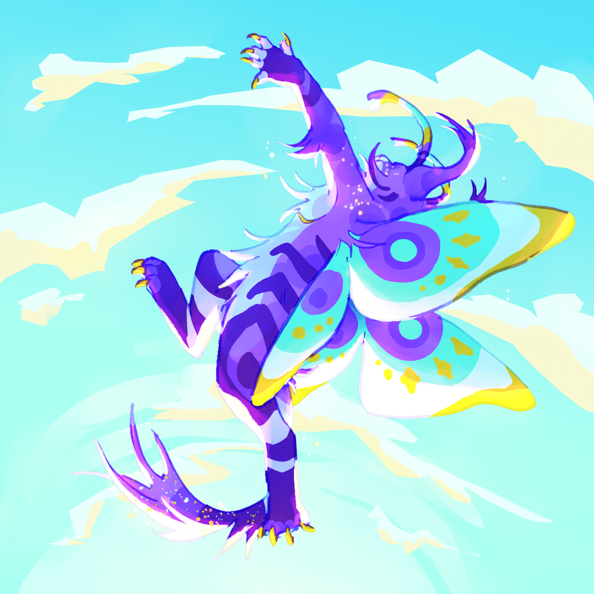 a drawing of my fursony falling through the air. the image is drawn in bright, cool colors.